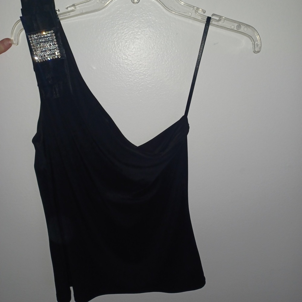White House Black Market One Shoulder Black Top‎ Sz Small Rhinestone Applique